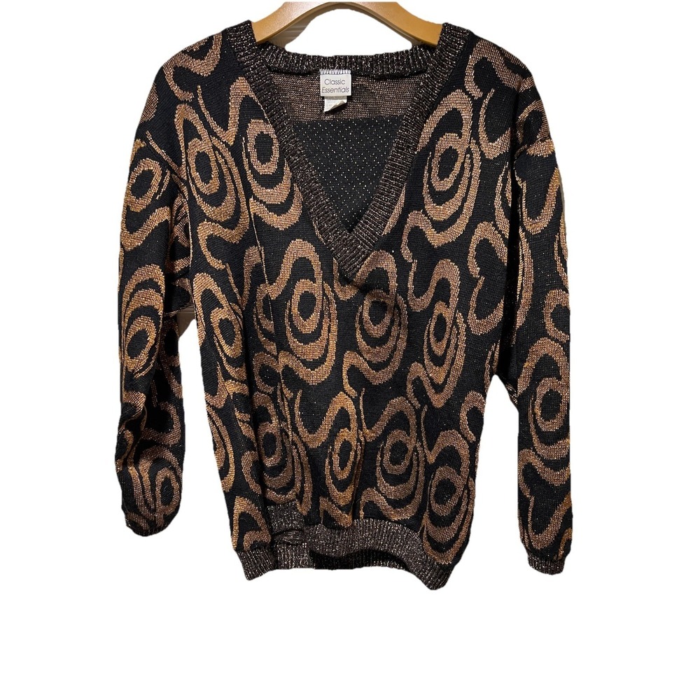 Vintage 80s/90s Metallic Sparkle Gold Black Sweater Sz M Retro Disco  Glam Party